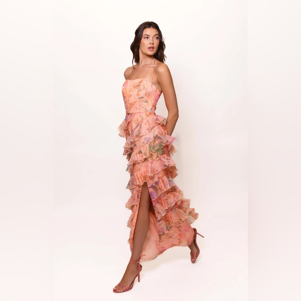 Hutch Lou Peach Floral Ruffle halter tie Dress